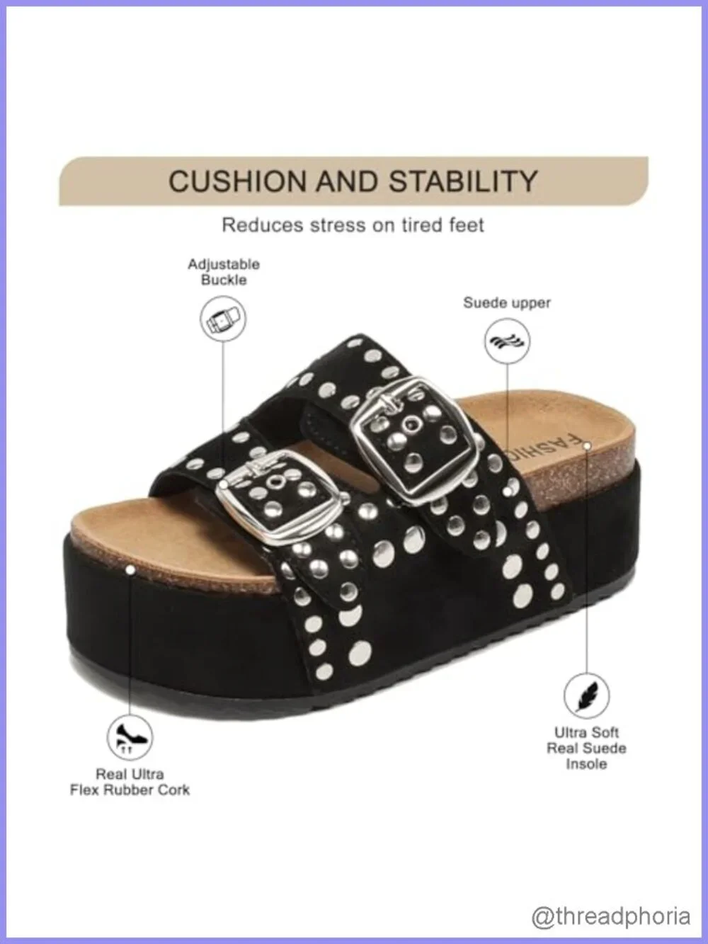 Women's Suede Platform Sandals Studded Chunky Slides Double Buckle Cork Footbed